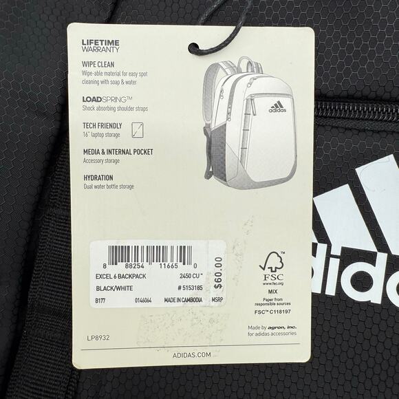 ADIDAS EXCEL 6 Active Padded Comfortable Black Essential Backpack NWT - Picture 5 of 7